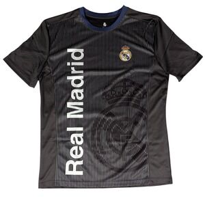 Real Madrid Soccer Jersey Mens Large Black White Vertical Stripe Crest T-Shirt
